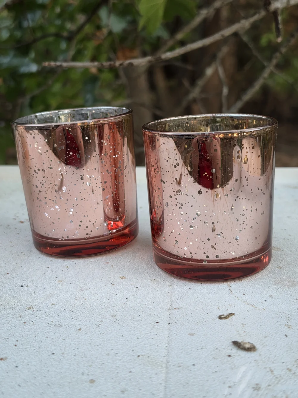 Pink Speckled Glass Votive Candle Holders And Stemless Wine Glass